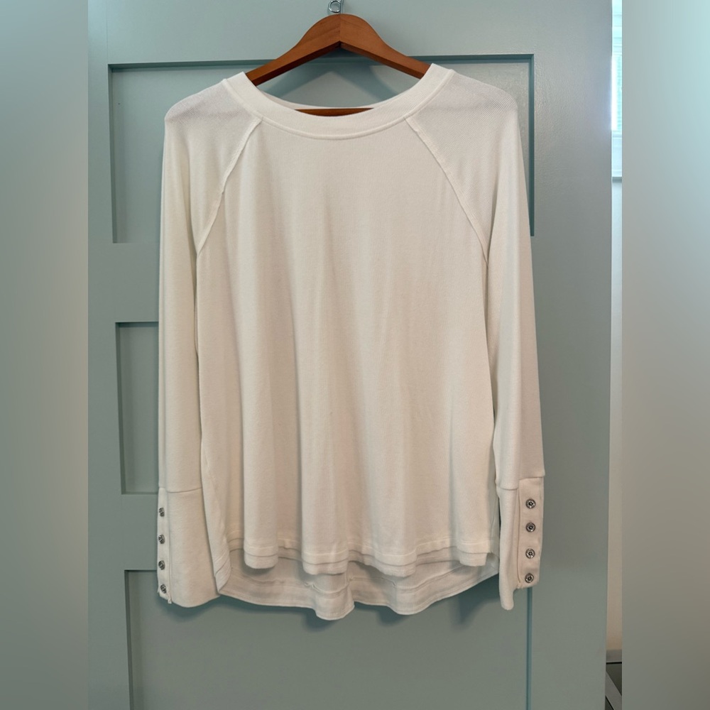 Dylan White Long Sleeve Relaxed Shirt with Rhinestone Pave Button Accents